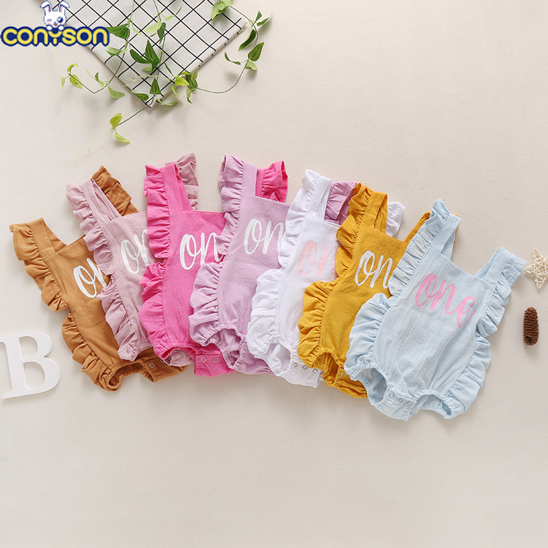 Conyson high quality summer Wholesale cotton Sleeveless pure color cartoon baby kids clothing Rompers new born clothes rompers