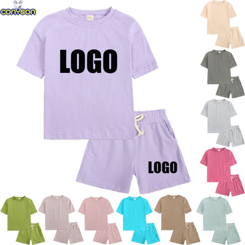 conyson high quality two pieces baby t-shirt short sets cotton outdoors custom logo boys apparel summer kids clothing sweatsuits