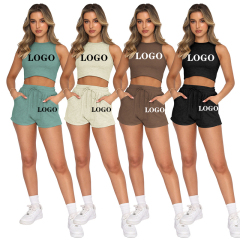 wholesale Custom Sweatsuit Cozy Jogger Plus Size Sexy Crop Top+Shorts Outfit Sleeveless Exercise Set 2 Pieces Fit Women Set
