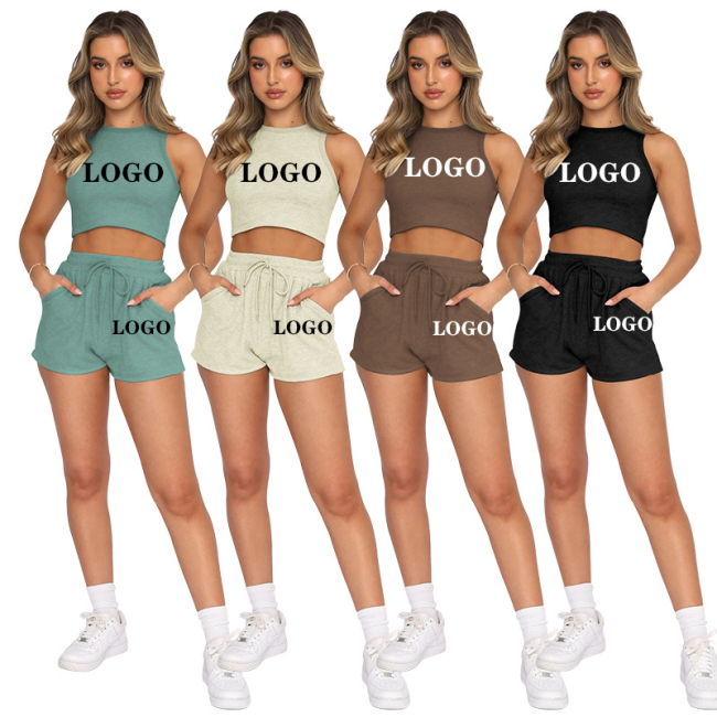 wholesale Custom Sweatsuit Cozy Jogger Plus Size Sexy Crop Top+Shorts Outfit Sleeveless Exercise Set 2 Pieces Fit Women Set