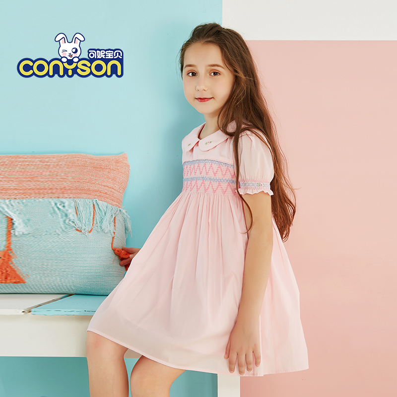 Fashion A-Line Floral Petal Sleeve Turn-Down Collar Wholesale Cotton Smocking Summer Girl Dress