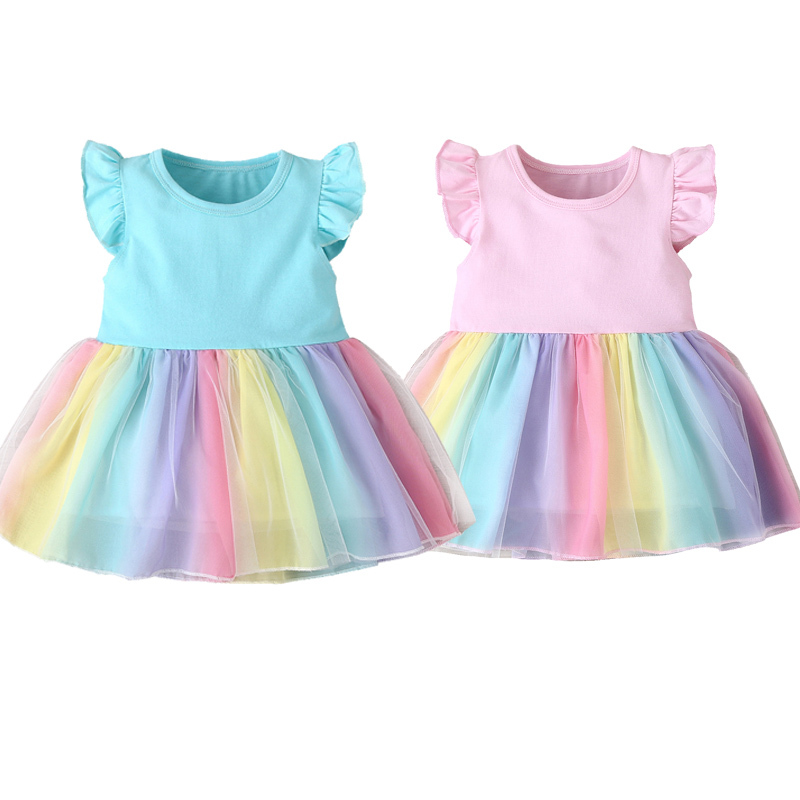 Conyson New Hot Sale Summer Kids Clothing Cotton Colorful Rainbow Striped Sleeveless Ruffle Sleeve Princess Vest Sweet Dress