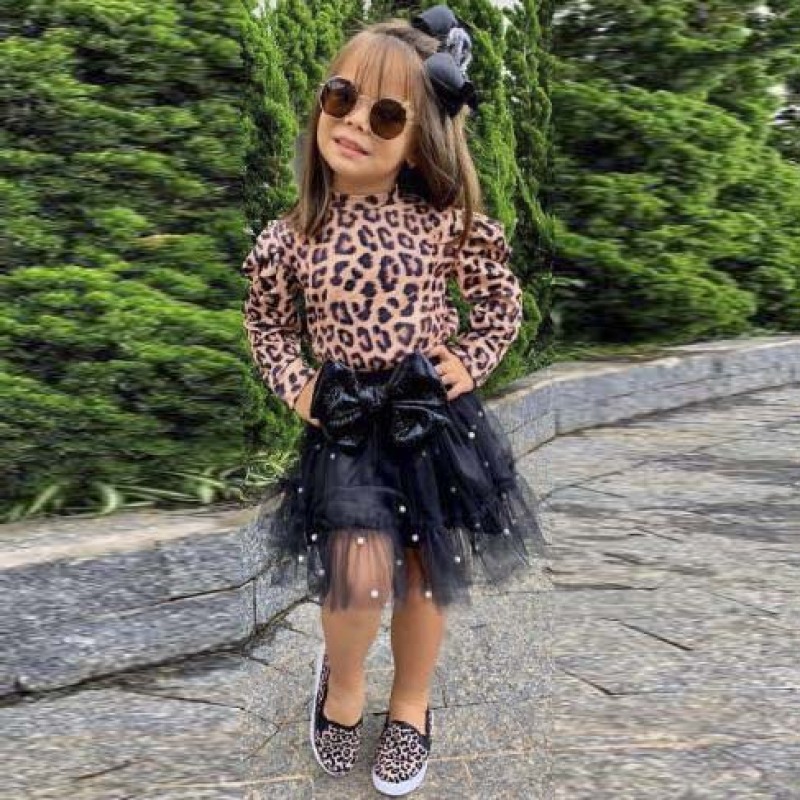 New Children's Leopard Print Long Sleeves Kids Spot Short Sleeve Clothes Dress Set Two-piece Lace Skirt Girls' Suits