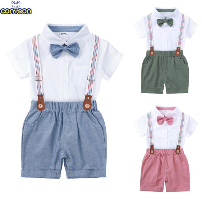 Conyson Wholesale Best Quality Spain Organic Vest Newborn T-shirt Bow Infant Suspender Cute Cloth Short Sleeve Baby Boy Romper