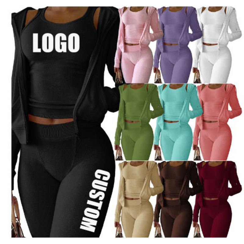 high quality fashion autumn logo Customize women three pieces S-2XL jacket Sportswear suit clothing adult vest pants clothes set