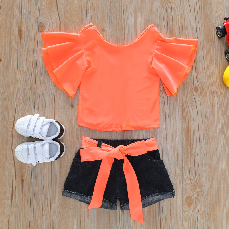 Factory Direct Girls Stretch Solid Color Suit New Arrival Toddler Girls Boutique Summer Ruffled Flared Sleeve Clothing Set