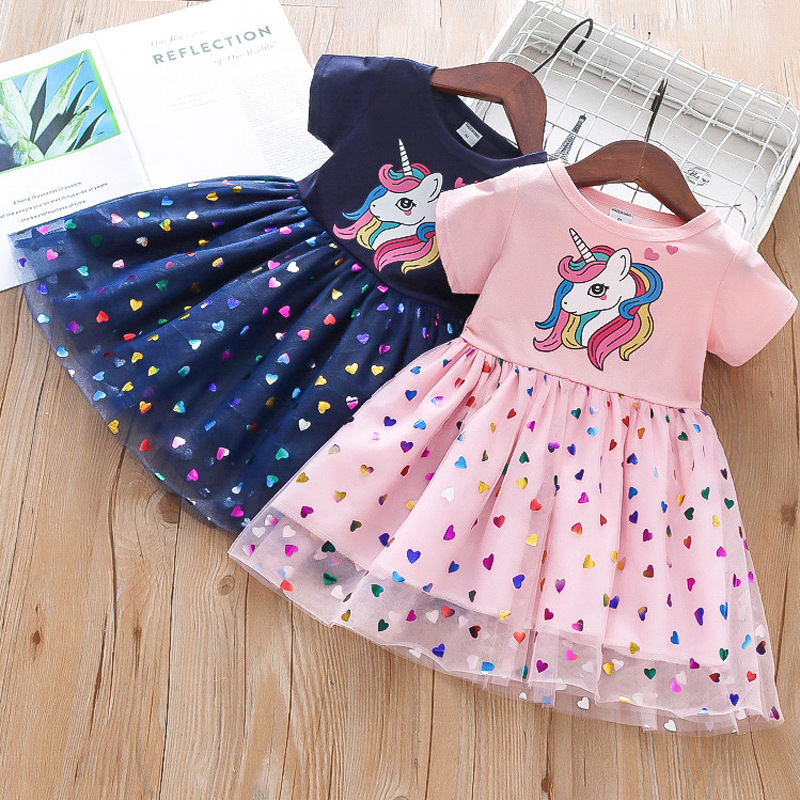 Conyson New Summer Girls Dress Cotton Cartoon Unicorn Splicing Mesh Party Princess Dresses For 2-6 Years Girls Birthday Clothes
