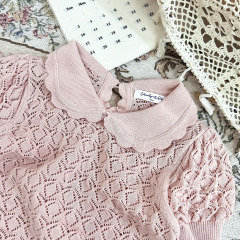 Conyson Custom Wholesale Pullover Lotus Collar Hollow Out Crochet Thin Cute Shorts Sleeve Organic Cotton Toddler Girls Shirts