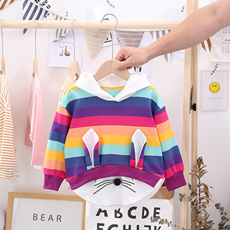 Conyson wholesale fashion boutique autumn sweaters baby Kids Clothing Girls Rainbow hoodie Rabbit Ear clothes long Sleeve Dress