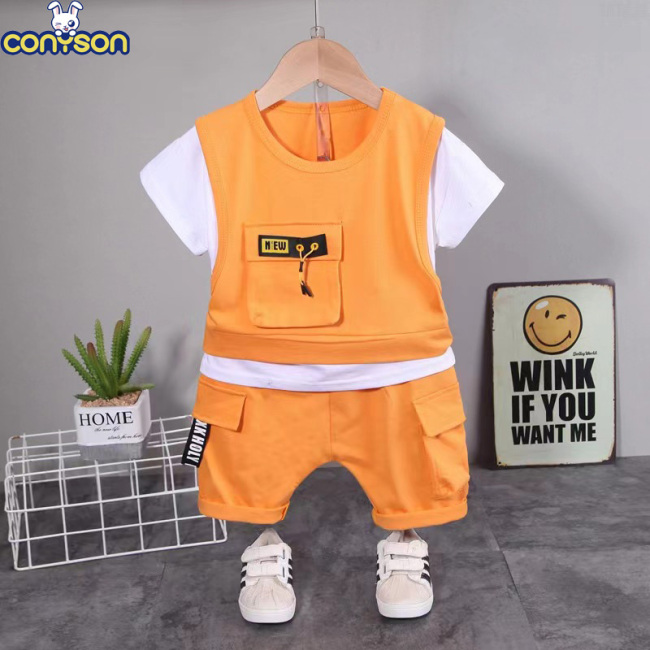 Conyson High Quality Summer Short Sleeve Organic Cotton Sports Style Pullover Two Piece Kids Boy Shorts Casual Clothing Set