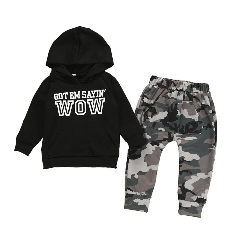 Long Sleeve Black Letters Childrens Onesie Mop Hooded Sweater Pants Two Piece Suit Boys Clothing Sets