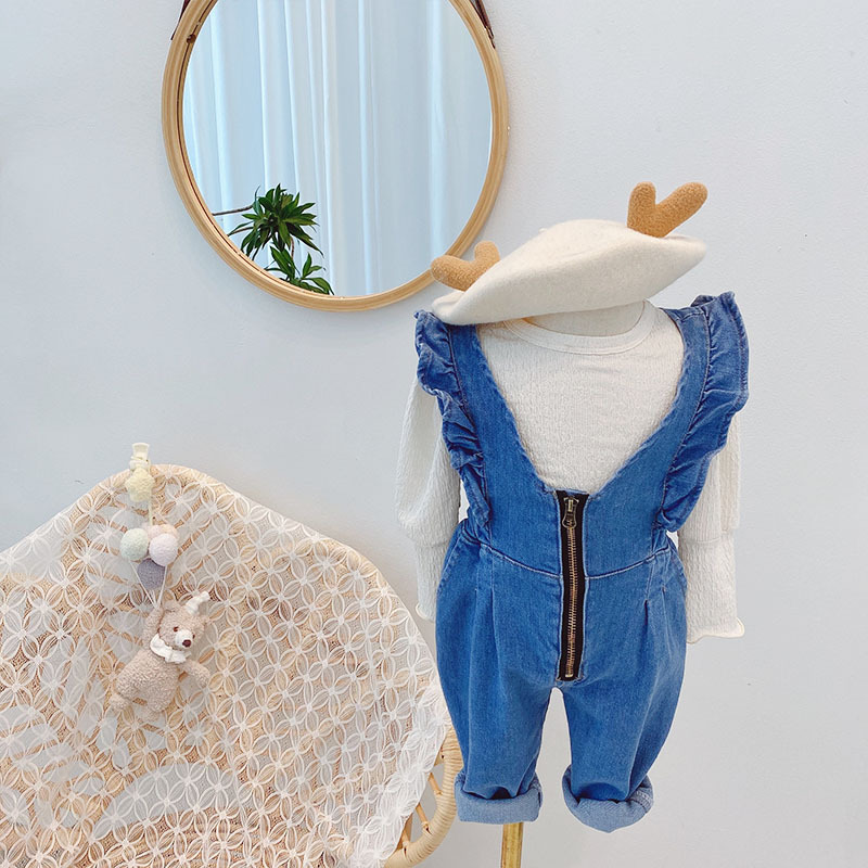 2021 New Cute Baby Girl Denim Jumper Jeans Stylish Toddler Girl One Piece Ruffle Zipper Jeans 1-6 Years