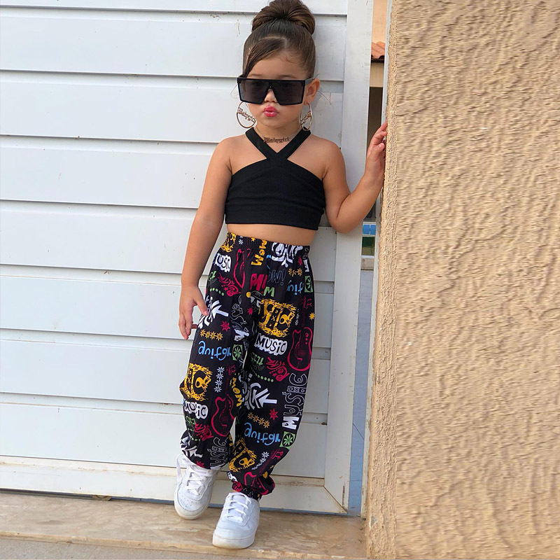 Conyson Newest 2023 Black Sleeveless Slip Short Top+Long Scrawl Pants Colorful Summer Baby Girl 2 Pieces Kids Clothing Girl Sets