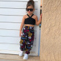 Conyson Newest 2023 Black Sleeveless Slip Short Top+Long Scrawl Pants Colorful Summer Baby Girl 2 Pieces Kids Clothing Girl Sets