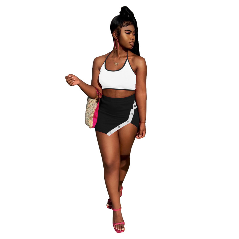 2022 Summer Color Blocking Women Two Piece Suit Tank Tops Miniskirt Outfits Backless Rivet Irregular Casual Skirt Sets