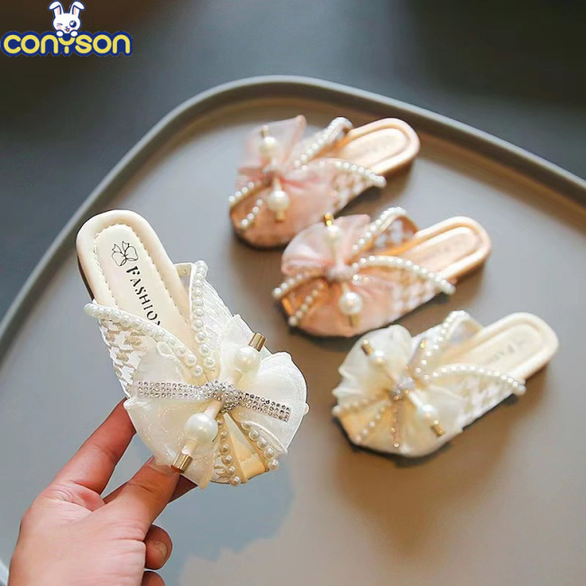 Conyson Special Design Children Fish tip Anti-slip Slides Sandals Plain Lace Bowknot Pearl Elegant Baby girl Princess Slippers
