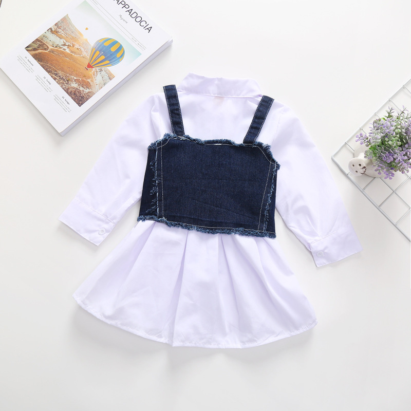 Casual Girl Child Dress Denim Sling Vest White Shirts Solid Kids Girl Outfits Long Sleeve