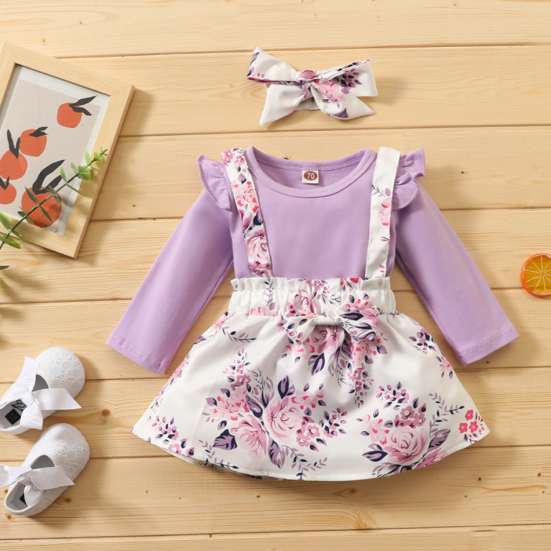 Conyson Hot Sale Kids Summer Clothing Sets Floral Pattern Baby Girl Jumpsuit Bow Strap Skirt with Headband 2Pcs Clothing Sets