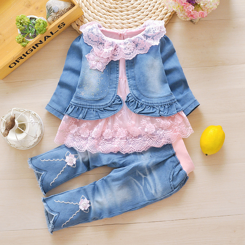 Elegant Baby Girls' Clothing Sets Children'S Suit Floral Lace 3 Pieces Jeans Cotton 3 Years Newborn Baby Girls Clothes Set