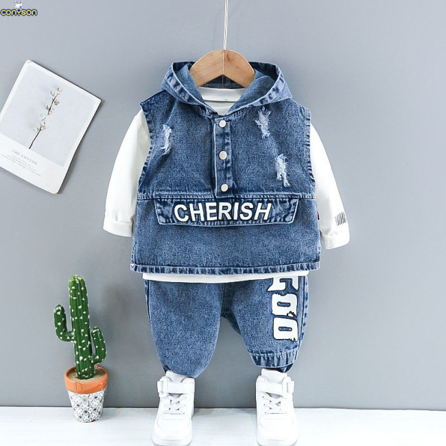 Conyson hot sale fashion autumn Boy kids boutique designers denim baby suit wholesale Clothing cotton hoodie 3-piece clothes set