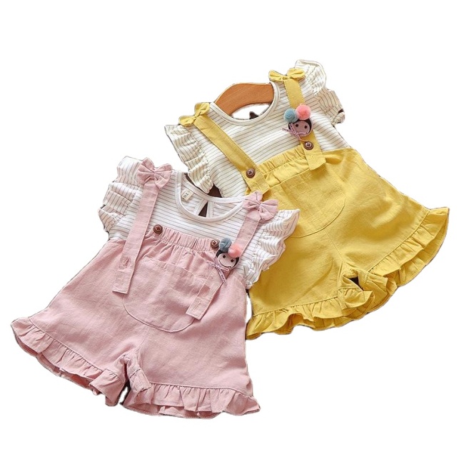 2021 Children's Cute Stripe High Quality Summer New Fashion Little Girls Striped Blouse With Suspenders 2 Piece Set
