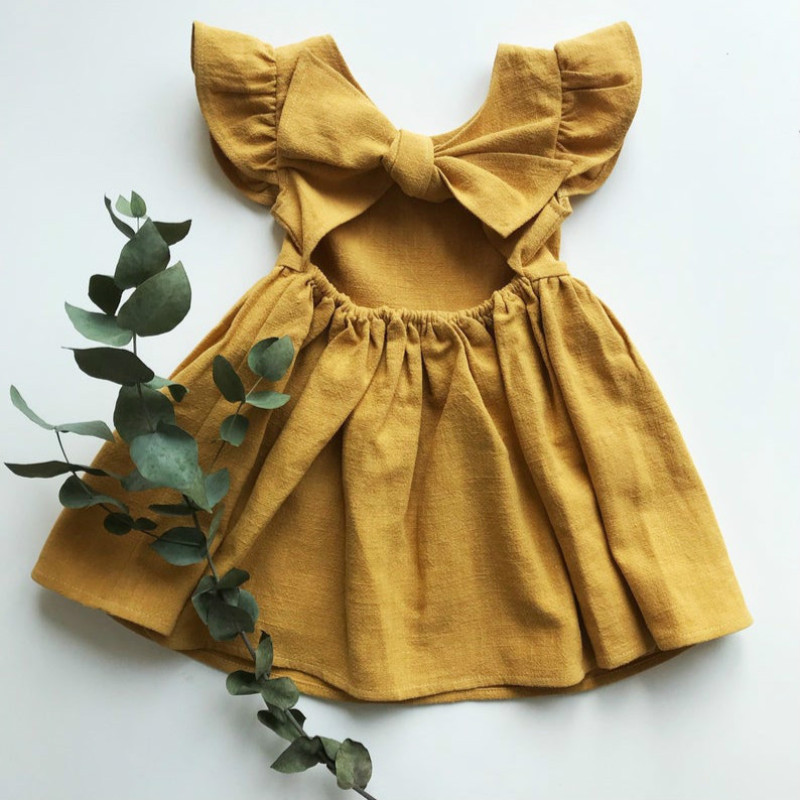 Conyson high quality Summer fashion ins boutique Solid Color Kid Clothes fly sleeve Casual Baby Girl Bow Princess clothing Dress