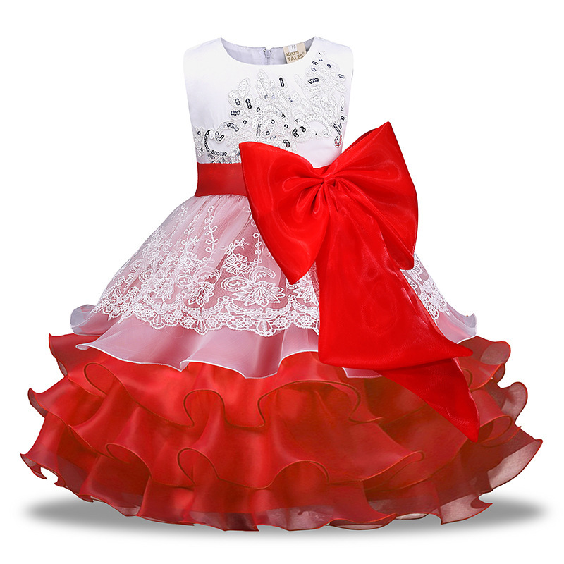 Wholesale Flower Girls Party Wedding Princess Dress Sequins Decoration Mesh Hem Sleeveless Dress Girls Bow Ruffles Lace Dress