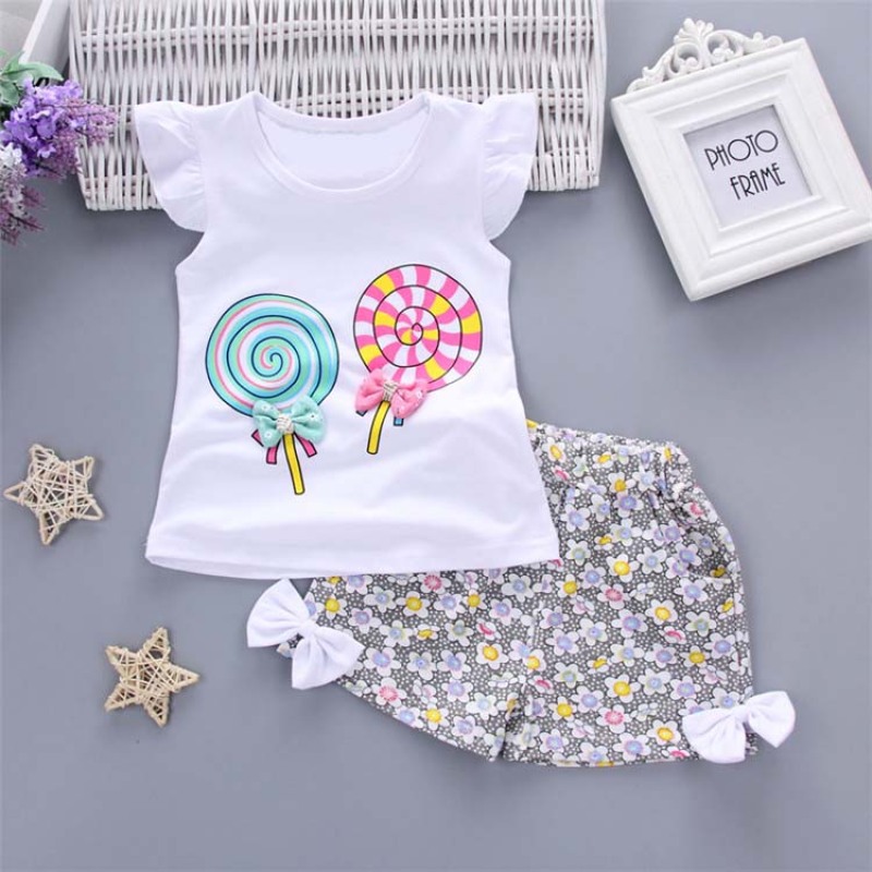 Conyson High Quality Bow Floral Patterns Little Girls Clothing 2 Piece Sets Cartoon Printing Cotton Shorts Kids Clothing