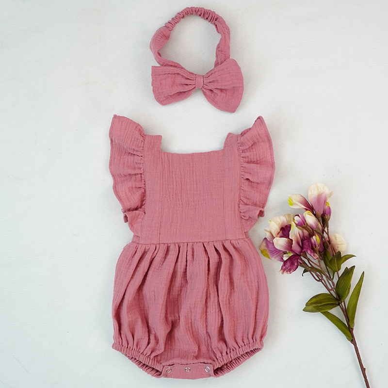 Conyson Hot Sale Summer Sleeveless Jumpsuit With Headband 2Pcs Sets Sweet 100% Cotton Baby Girl Rompers