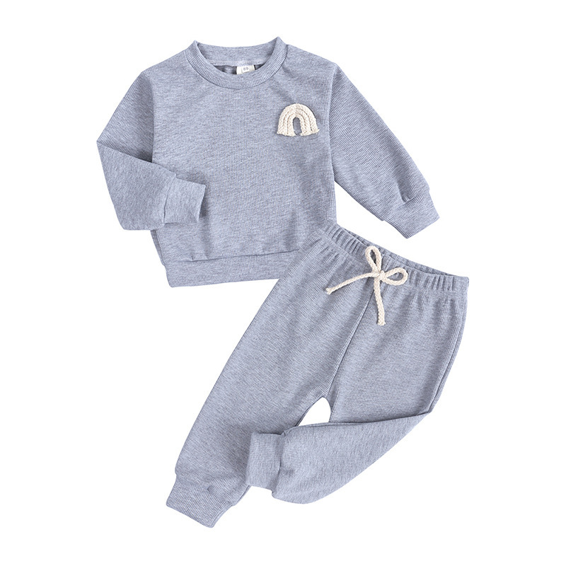 Conyson 2023 Wholesale Kids Spring Autumn Pure Color Long Stationary Rainbow Outdoor Top+Sweat Pants 2 Pieces Clothing Baby Set
