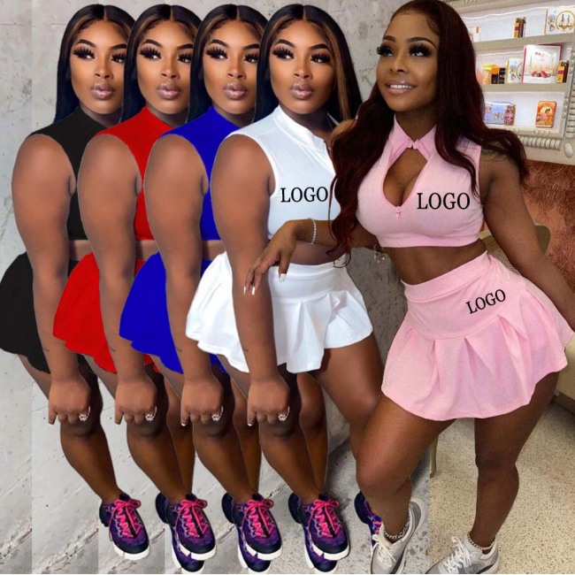 Summer Two Pieces Shorts Sets Skinny Sleeveless Hollow Out Tank Top Tennis Skirt Casual Solid Custom Women 2 Piece Set Clothing