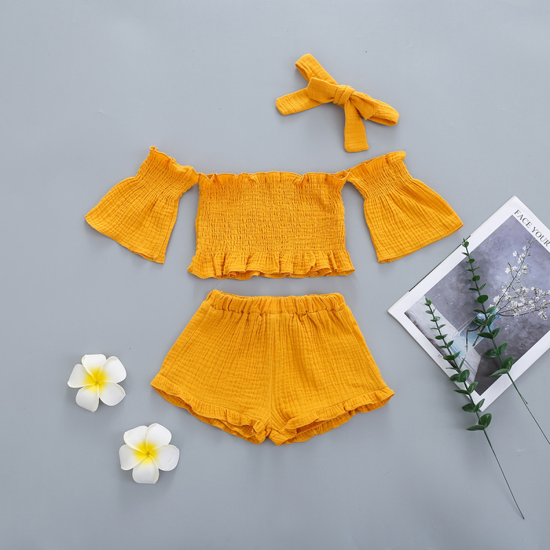 Conyson Wholesale New Summer Solid Sleeveless Off-the-shoulder Pleated Tops and Shorts Casual 3Pcs Kids Baby Girls Clothes Sets