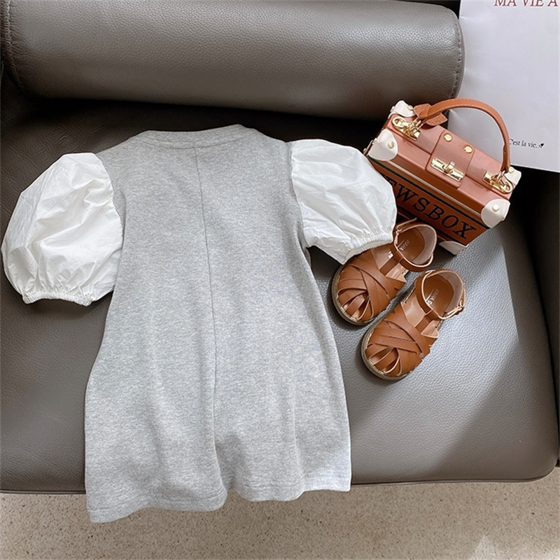 2021 New Summer Fashion Kid Girl White Puff Short-Sleeve Tight Dress Letter Printed Gray Black girls T-shirt