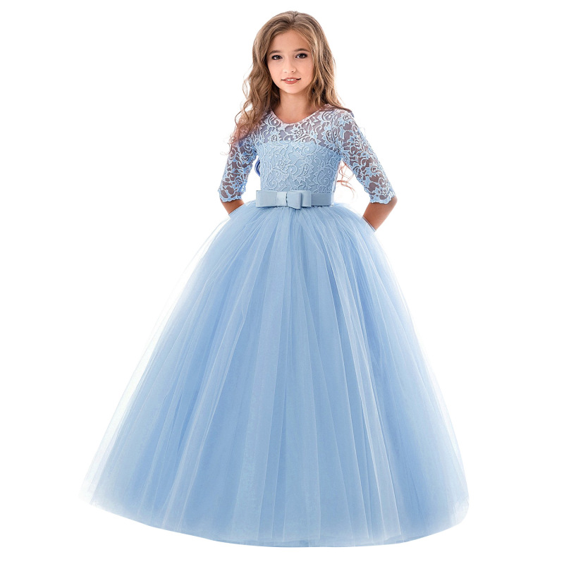 high quality popular hot sale 5 pure colors Girl Princess Dress Kids o-neck Lace Half Sleeve Flower Girls party Dresses