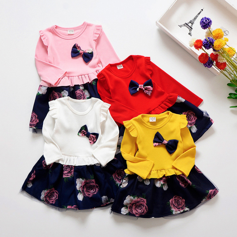 Conyson Hot Sale Autumn Factory Fashion Long Sleeve Skirt Baby Little Girl Patchwork Sweet Bow Printing Fluffy Princess Dress
