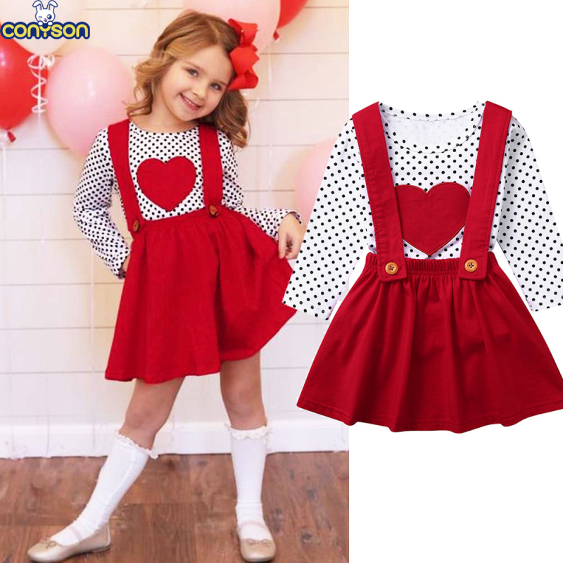 Conyson Wholesale New Designer Valentine's Day Kids Gift Clothes Long Sleeve Dots Tops+Halter Layered Kids Girls Clothing Set