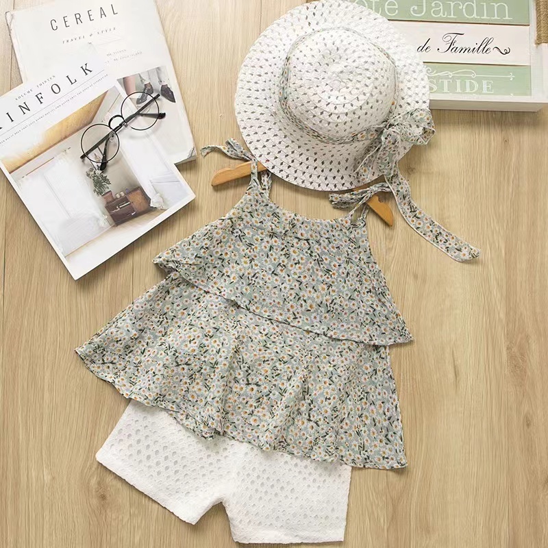 Girl Baby Two Tiered Floral Chiffon Sling Hollow Shorts Straw Hat Three Pieces Suits Casual Rural Sleeveless Sets