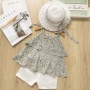 Girl Baby Two Tiered Floral Chiffon Sling Hollow Shorts Straw Hat Three Pieces Suits Casual Rural Sleeveless Sets