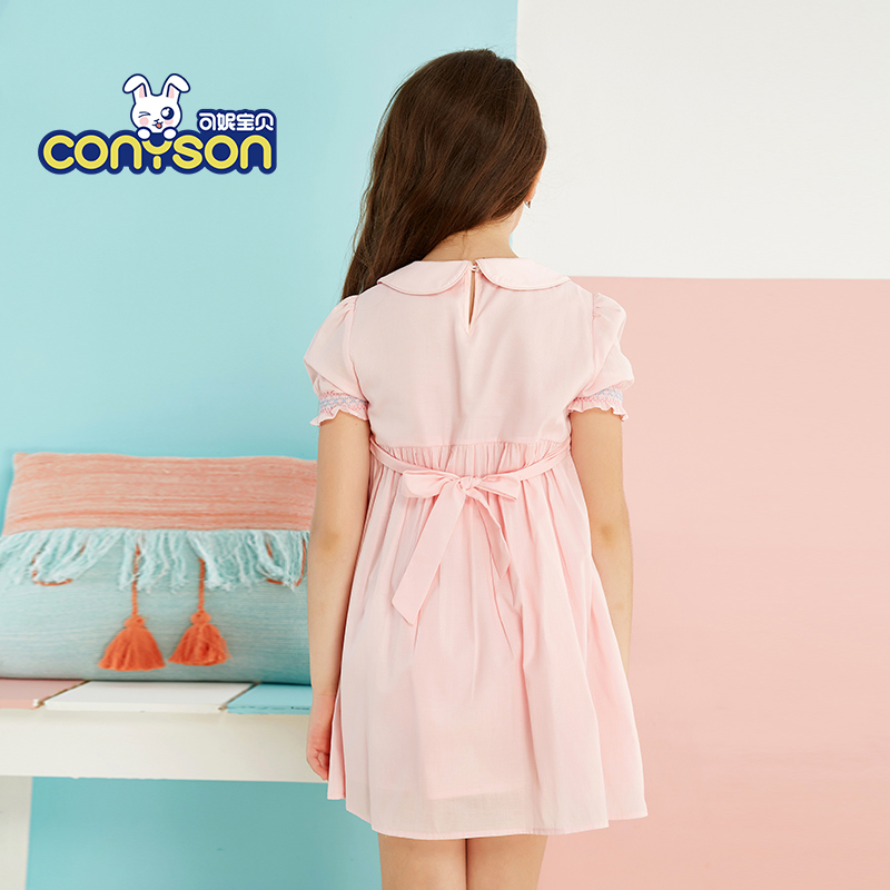 Fashion A-Line Floral Petal Sleeve Turn-Down Collar Wholesale Cotton Smocking Summer Girl Dress