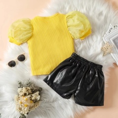 Conyson New Arrival Europeon Style Fashionable Splicing Mesh Short Sleeve Design Kids Designer Girls Two Piece Skirt Sets