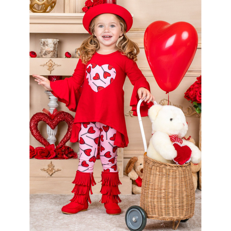 Conyson European Valentine's Day Spring Autumn Horn Long Sleeve Top+ Pant Heart Print 2Pcs Kid Clothes Baby Girls Clothing Set