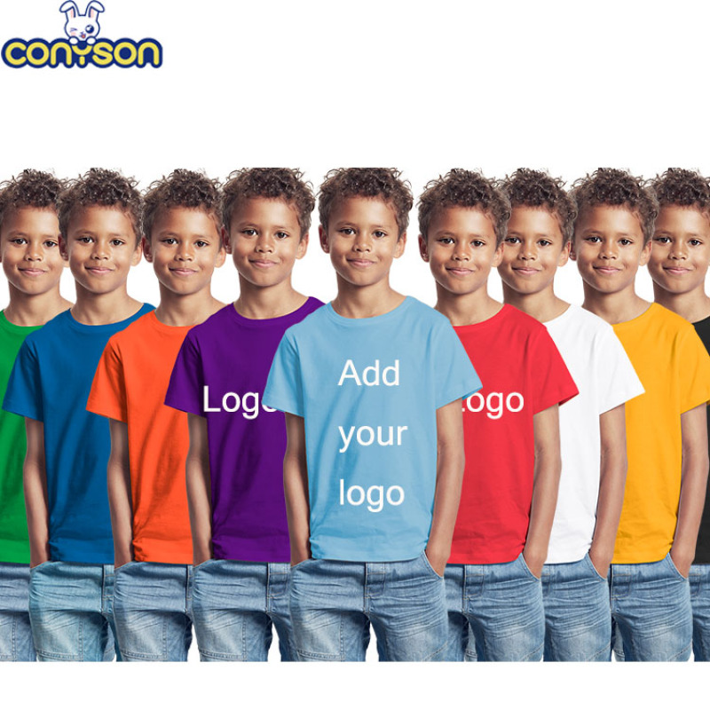 Conyson Custom Logo 100% Cotton Summer Clothes New Children Solid Short Sleeves Popular Design Kids T-shirt Boys Clothes Hot