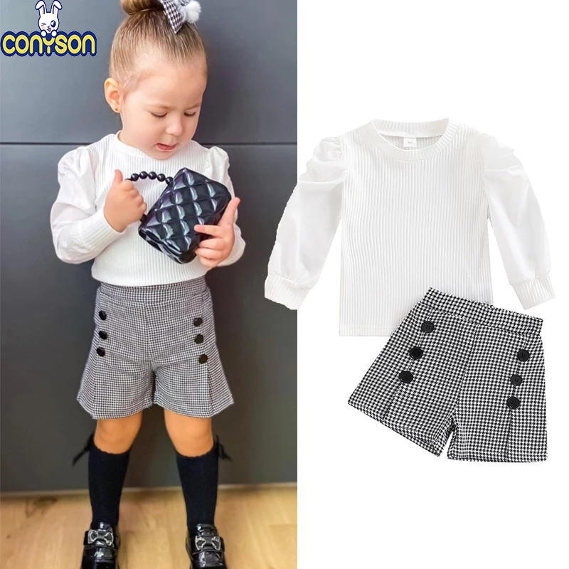 Conyson Wholesale Autumn Puff Sleeve White Top+Plaid Short Fashion Baby Girls Matching Suit 1-6 Years Girl Kids Clothing Sets