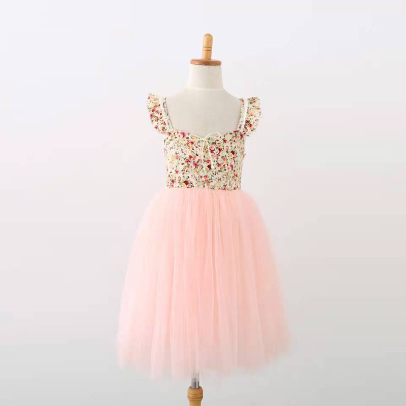 Conyson Wholesale Summer Ruffle Sleeve Mesh Weeding Party Dress Pink Flower Tulle Princess Dresses Girls Sweet Tutu Long Dress