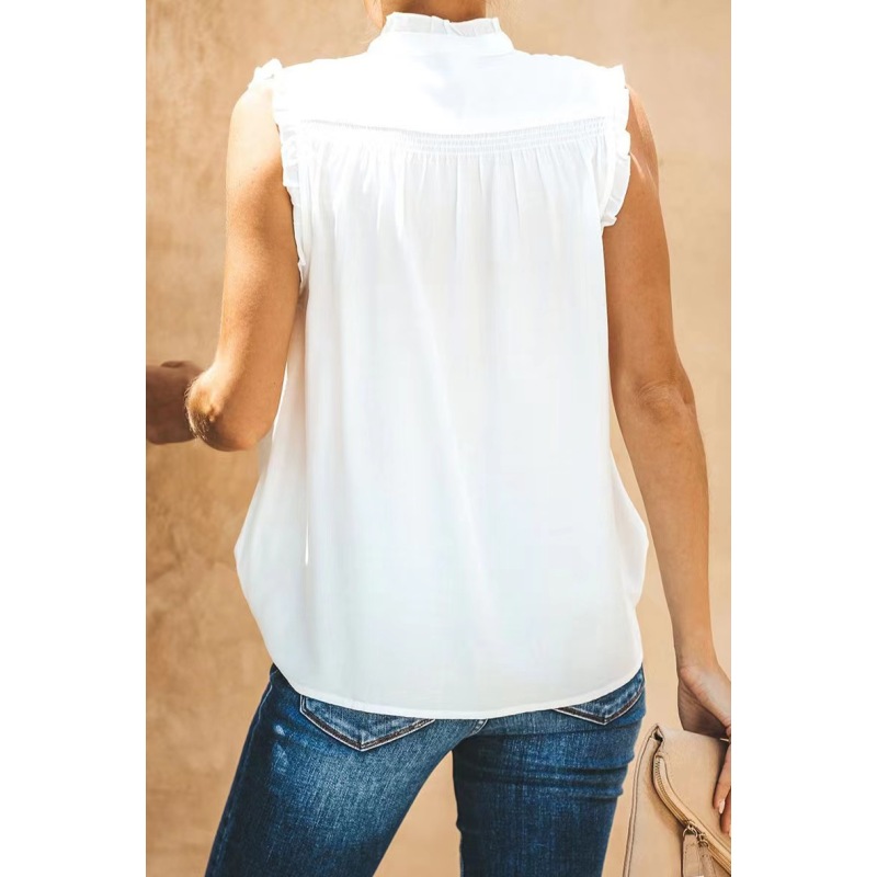 Conyson Hot Sale New Style Summer Woven Lotus Sleeve Lotus Collar Button Ruffle Formal Women's Vests And Chiffon Waistcoats