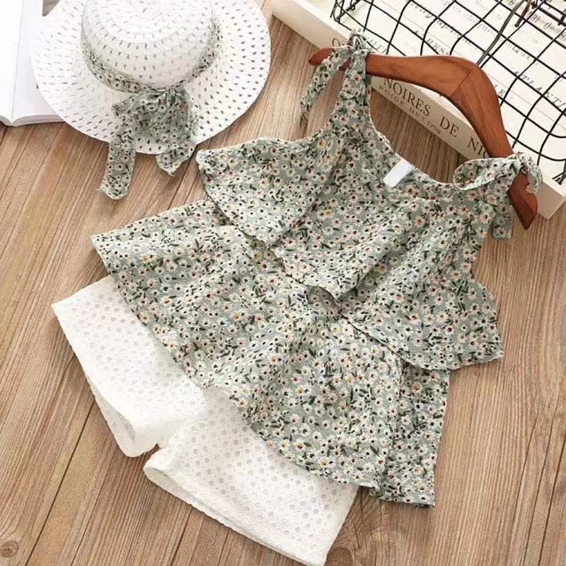 Girl Baby Two Tiered Floral Chiffon Sling Hollow Shorts Straw Hat Three Pieces Suits Casual Rural Sleeveless Sets