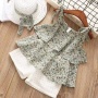 Girl Baby Two Tiered Floral Chiffon Sling Hollow Shorts Straw Hat Three Pieces Suits Casual Rural Sleeveless Sets