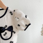 Conyson Factory Direct Summer Girls Stretch Black Bow Solid Color New Arrival Boutique Ruffled Flare Sleeve Girls Set