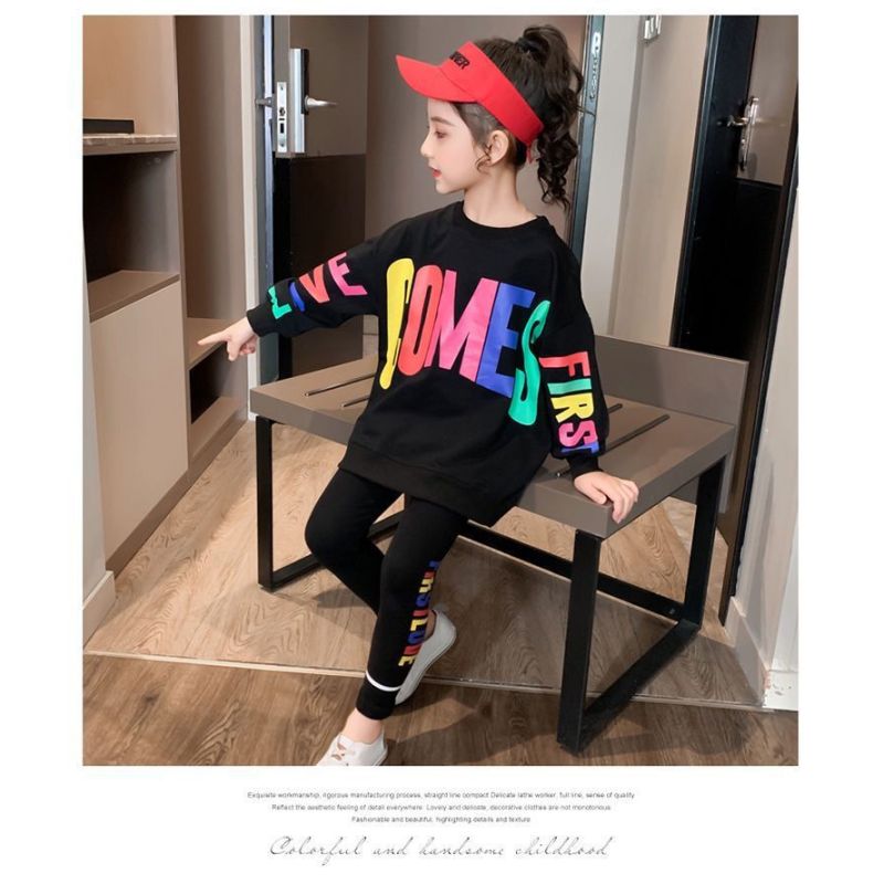 Conyson fashion autumn clothes kids GIrl letters print Outfits Long Sleeve Knitted cotton Sweater casual clothing Two Piece Sets