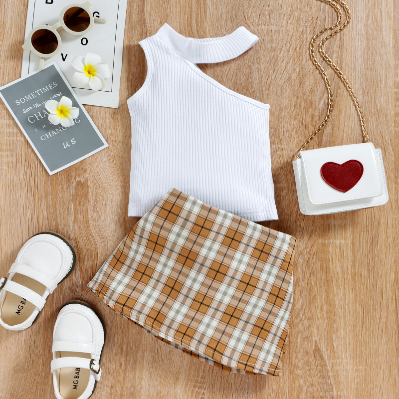 Conyson Wholesale Fashion Baby Girls Clothes Set Sleeveless Ribbed Hollow Shoulder Vest Tops+Plaid Printed A-Line Skirt Outfit